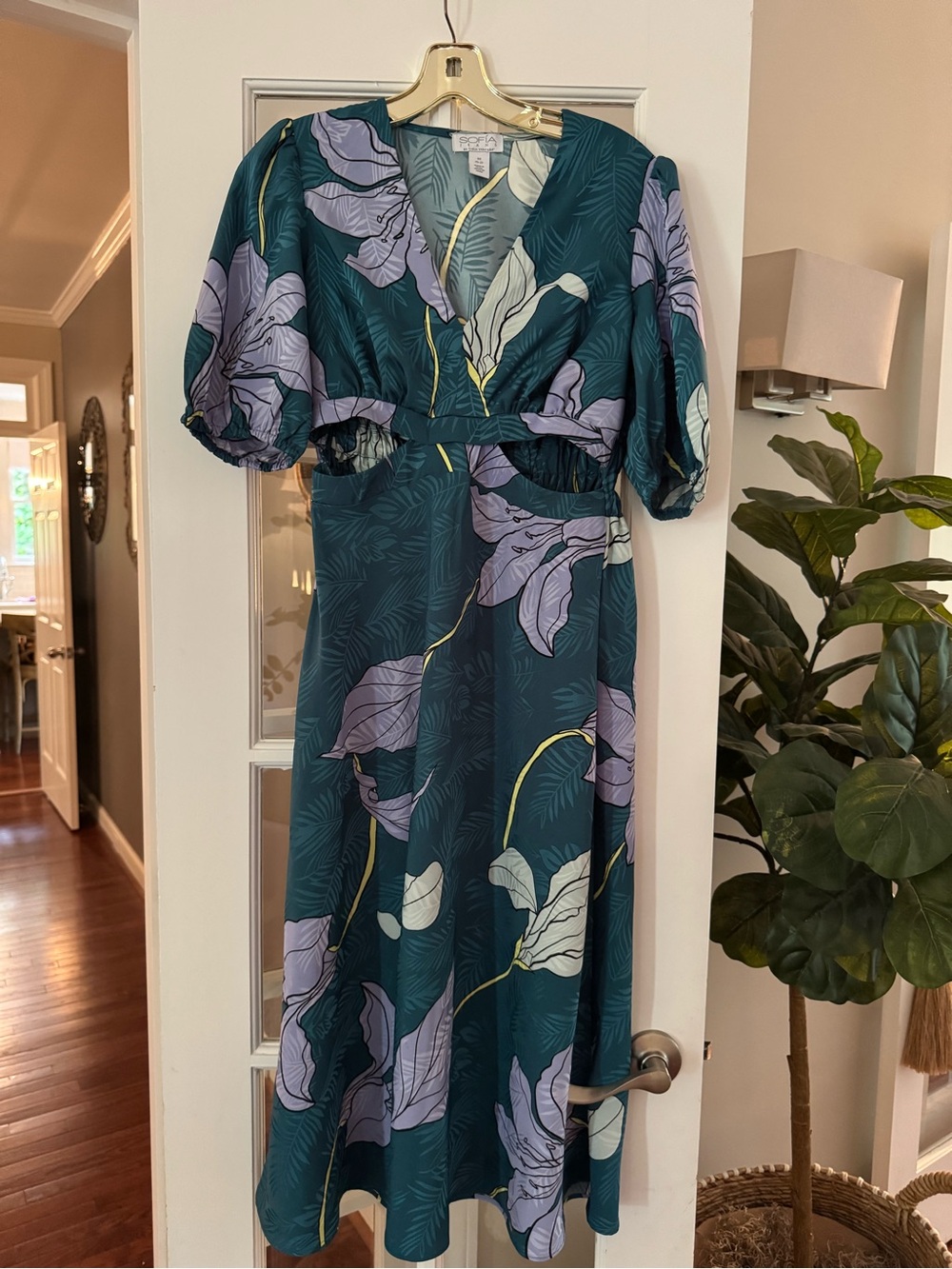 Teal Floral V-Neck Midi Dress with Puff Sleeves